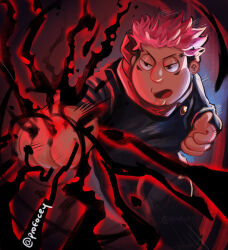 Rule 34 | artist name, chris griffin, clenched hand, cosplay, cursed energy (jujutsu kaisen), facial mark, family guy, highres, itadori yuuji, itadori yuuji (cosplay), jujutsu kaisen, jujutsu tech uniform, male focus, open mouth, pink hair, profocey, short hair, undercut, very short hair
