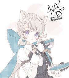 1girl animal_ear_fluff animal_ears aqua_bow black_gloves black_leotard bow cat_ears chame_(myyo04) closed_mouth cup dated drinking genshin_impact gloves grey_hair hair_bow holding holding_cup holding_plate large_bow leotard long_hair looking_at_viewer lynette_(genshin_impact) plaid_bow plate purple_eyes short_hair signature simple_background smile solo teacup two-tone_gloves upper_body white_background white_gloves