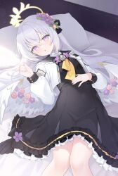 1girl absurdres angel_wings azusa_(blue_archive) blue_archive crossed_bangs feathered_wings flower hair_flower hair_ornament halo highres kooriais long_hair long_sleeves looking_at_viewer low_wings lying on_back on_bed purple_eyes solo white_hair white_wings wing_ornament wings yellow_halo