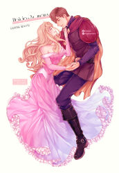 1boy 1girl absurdres animification aurora_(disney) blonde_hair brown_hair dress highres lips long_hair long_sleeves makeup mizala phillip_(disney) pink_dress short_hair simple_background sleeping_beauty_(disney) smile