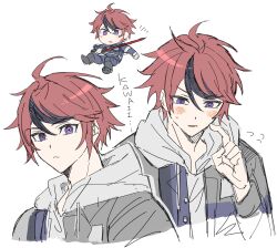 1boy :o absurdres ahoge armband black_streaks blush chibi chibi_inset drawstring hand_up highres holding holding_sword holding_weapon hood hoodie jacket last_defense_academy_school_uniform male_focus multicolored_hair multiple_views red_hair romaji_text school_uniform scratching_cheek short_hair simple_background sketch streaked_hair sumino_takumi sweatdrop sword the_hundred_line_-last_defense_academy- toramaru_(696anna) weapon white_armband white_background white_hoodie