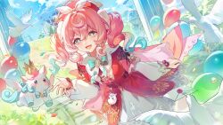 1girl absurdres aqua_bow aqua_bowtie aqua_hair bird blue_sky bow bowtie capelet cloud commentary dasha drill_hair floating_hair gradient_hair hashtag-only_commentary highres honkai:_star_rail honkai_(series) hyacine_(honkai:_star_rail) little_ica_(honkai:_star_rail) long_sleeves looking_at_viewer medium_hair multicolored_hair open_mouth outdoors pigeon pink_capelet pink_hair revision sky smile twin_drills twintails