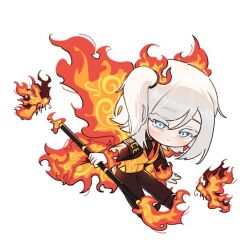 1girl ardor_blossom_moth ardor_blossom_star_(e.g.o) black_pants black_shirt blue_eyes chibi closed_mouth colored_eyelashes e.g.o_(project_moon) faust_(project_moon) fiery_bow fiery_clothing fiery_wings full_body holding holding_staff limbus_company long_sleeves looking_at_viewer medium_hair necktie orange_vest pants project_moon red_necktie salgaoli83428 shirt simple_background solo staff standing vest white_background white_hair wings
