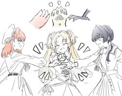 3girls 4th_live_dream_~bloom_the_dream_believers~ :d ^_^ animal_hands bird_legs chinese_commentary clenched_hand closed_eyes commentary_request cowboy_shot dog_paws dream_believers fang highres hinoshita_kaho junjun_(kimi-la) link!_like!_love_live! long_sleeves love_it!_wonderful_trip! love_live! multiple_girls murano_sayaka official_alternate_costume open_mouth osawa_rurino partially_colored puffy_long_sleeves puffy_sleeves rabbit_paws simple_background sketch smile virtual_youtuber w white_background
