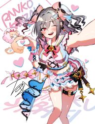 ;d armpits b9-n3 breasts character_name commentary_request cropped_shirt earrings feet_out_of_frame fingernails grey_hair groin heart heart_hands heart_hands_duo heart_in_heart_hands heart_o-ring highres idolmaster idolmaster_cinderella_girls jewelry kanzaki_ranko layered_skirt lion long_hair looking_at_viewer medium_breasts midriff nail_polish o-ring o-ring_thigh_strap one_eye_closed open_mouth red_eyes selfie shirt signature skirt sleeveless sleeveless_shirt smile thigh_strap two_side_up