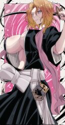 1girl alternate_eye_color alternate_hair_color artist_name bleach bleach:_sennen_kessen-hen blonde_hair breasts female_focus highres holding holding_sword holding_weapon kinakomochi_(user_vedc2333) large_breasts matsumoto_rangiku medium_hair mole mole_under_mouth orange_hair pink_shawl shawl shihakusho sword weapon zanpakutou