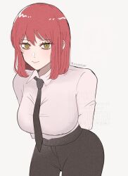 1girl arms_behind_back black_necktie black_pants breasts chainsaw_man closed_mouth collared_shirt formal_clothes high-waist_pants highres large_breasts looking_at_viewer makima_(chainsaw_man) necktie pant_suit pants red_hair ringed_eyes shirt smile solo suit us4misan white_shirt yellow_eyes