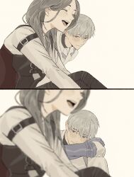 Rule 34 | 1boy, 1girl, absurdres, black corset, blurry, blurry foreground, blush, brown hair, closed eyes, closed mouth, corset, couple, gloves, grey gloves, grey hair, hair between eyes, hetero, highres, hugging own legs, ladxena, laughing, long hair, looking at another, love and deepspace, open mouth, parted bangs, protagonist (love and deepspace), shirt, short hair, smile, upper body, white background, white shirt, xavier (love and deepspace)