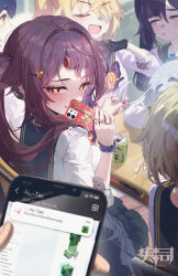 Rule 34 | 1other, 6+girls, absurdres, black gloves, black hair, black sailor collar, black skirt, blonde hair, blush, brown hair, cellphone, commentary, covering own mouth, creeper, desk, fischl (genshin impact), flower-shaped pupils, furina (genshin impact), genshin impact, gloves, grey hair, hair over shoulder, highres, hu tao (genshin impact), indoors, long hair, looking at viewer, looking back, lumine (genshin impact), minecraft, mona (genshin impact), multiple girls, phone, red eyes, red nails, sailor collar, school desk, school uniform, scrunchie, shirt, sitting, skirt, smartphone, smile, sushispin, symbol-shaped pupils, twintails, white shirt, wrist scrunchie, xiangling (genshin impact)