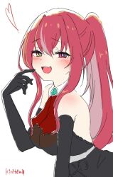 1girl :d backless_dress backless_outfit bare_shoulders black_dress black_gloves breasts commentary_request dress elbow_gloves fang gloves hair_between_eyes heart heterochromia highres hololive houshou_marine houshou_marine_(marching_band) kiritoma large_breasts long_hair looking_at_viewer open_mouth ponytail red_eyes red_hair see-through_cleavage see-through_clothes signature simple_background smile solo upper_body very_long_hair virtual_youtuber white_background yellow_eyes