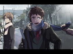 1girl 1other 2boys bag black_coat blazer blouse blue_scarf brown_eyes brown_hair brown_scarf brown_sweater_vest brown_vest closed_mouth clothes_grab coat green_coat green_jacket holding holding_unworn_clothes holding_unworn_scarf jacket kita_high_school_uniform koizumi_itsuki kyon letterboxed long_hair long_sleeves looking_at_another looking_to_the_side male_focus minakishi_2 multiple_boys necktie neckwear_grab open_clothes open_coat open_mouth out_of_frame outdoors red_necktie road scarf scarf_grab school_bag school_uniform shirt short_hair snowing solo_focus street suzumiya_haruhi suzumiya_haruhi_no_shoushitsu suzumiya_haruhi_no_yuuutsu sweatdrop sweater_vest upper_body utility_pole vest white_shirt