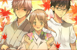 1girl 2boys arms_up ayase_chihaya black_hair blush brown_eyes brown_hair chihayafuru coin_rand crossed_arms glasses hakama hakama_skirt japanese_clothes leaf mashima_taichi multiple_boys open_mouth skirt smile sweat wataya_arata