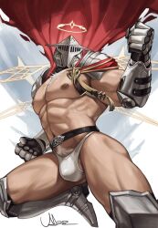 1boy abs arknights bara bulge facing_viewer halo helmet highres lokalokawhite male_focus male_underwear muscular muscular_male navel nipples no_pants pectorals pubic_hair sankta_miksaparato_(arknights) signature topless_male underwear white_male_underwear