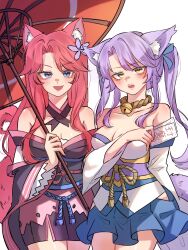 Rule 34 | 2girls, absurdres, animal ears, bell, blue eyes, breasts, commission, commissioner upload, fox ears, fox girl, fox miko (sakura dungeon), fox tail, highres, holding, holding umbrella, japanese clothes, kimono, loonghyun, multiple girls, neck bell, non-web source, nontraditional miko, ofuda, pink hair, purple hair, sakura dungeon, smile, standing, tail, twintails, umbrella, yellow eyes, yomi (sakura dungeon)