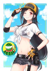 1girl adjusting_clothes adjusting_headwear armlet baseball_cap belt bikini bikini_under_clothes black_bikini black_hair blue_sky blush border breasts cloud cloudy_sky collarbone commentary cowboy_shot denim denim_skirt elbow_pads final_fantasy final_fantasy_vii final_fantasy_vii_ever_crisis fingerless_gloves food fruit gloves grey_skirt grin hand_on_own_hip hat highres jewelry large_breasts lifeguard long_hair looking_at_viewer low-tied_long_hair midriff miniskirt nalu navel official_alternate_costume one_eye_closed outside_border pink_nails red_eyes see-through_clothes see-through_shirt shirt short_sleeves single_elbow_pad skirt sky smile swimsuit tied_shirt tifa_lockhart tifa_lockhart_(lifeguard) tonberry twitter_username very_long_hair watermelon whistle whistle_around_neck white_border