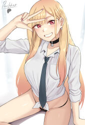 1girl black_choker black_panties blonde_hair breasts choker collared_shirt devilukez ear_piercing earrings grin gyaru highres jewelry kitagawa_marin long_hair looking_at_viewer medium_breasts necktie panties piercing red_eyes shirt simple_background smile solo sono_bisque_doll_wa_koi_wo_suru thighs tied_shirt underwear v very_long_hair white_background white_shirt