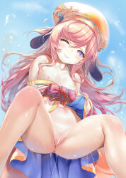 1girl absurdres ayakashi_rumble! bar_censor bare_shoulders beret blue_eyes breasts brown_hair censored cleft_of_venus commission ebisu_(ayakashi_rumble!) grin hat highres loli long_hair looking_at_viewer nipples nironiro no_panties off-shoulder_shirt off_shoulder one_eye_closed peeing pixiv_commission pussy shirt small_breasts smile solo