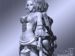 1girl 3d angela_(castlevania) ass breasts castlevania_(series) castlevania_pachislot cleavage cross cross_necklace dancer dark_persona dual_persona female_focus highres jewelry monochrome necklace official_art short_hair solo