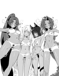Rule 34 | animal ears, bikini tan, black hair, blue archive, breasts, cat ears, dark skin, halo, highres, hisany-spacecrayon, horns, hyakkaryouran (blue archive), kikyou (blue archive), long hair, multiple girls, nagusa (blue archive), navel, nipples, nude, renge (blue archive), renge (swimsuit) (blue archive), short hair, single horn, tan, tanline, yukari (blue archive)