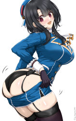 Rule 34 | 1girl, ascot, ass, beret, black gloves, black hair, black panties, black thighhighs, blue hat, blue skirt, blush, breasts, chamumi (mochiumee), commentary request, cowboy shot, embarrassed, garter straps, gloves, hat, kantai collection, large breasts, looking at viewer, military, military uniform, open mouth, panties, red eyes, short hair, skirt, solo, takao (kancolle), thighhighs, underwear, undressing, white background