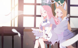 2girls :d absurdres angel_wings animal_ear_fluff animal_ears bird blonde_hair blue_archive blue_bow blue_bowtie bow bowtie chair closed_eyes commentary dress fortysansan fox_ears fox_girl fox_tail halo highres holding holding_brush indoors long_hair mika_(blue_archive) multicolored_eyes multiple_girls open_mouth pantyhose pink_hair pink_halo seia_(blue_archive) sitting smile table tail tit_(bird) white_dress white_pantyhose window wings yellow_halo