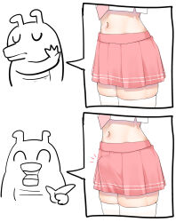 1boy astolfo_(fate) astolfo_(sailor_paladin)_(fate) bulge drakeposting_(meme) fate/grand_order fate_(series) highres index_finger_raised kitajima_yuuki male_focus meme midriff miniskirt navel neckerchief no_(gesture) official_alternate_costume pink_neckerchief pink_skirt pleated_skirt rejection school_uniform serafuku skindentation skirt suki_na_souzai_happyou_dragon_(utau) thighhighs trap white_thighhighs