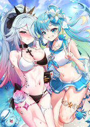 2girls arms_behind_back bare_shoulders bikini bikini_under_clothes black_bikini black_choker black_survival blue_eyes blue_flower blue_hair blue_neckerchief blue_sailor_collar blue_skirt blush breasts chakkab chiara_(black_survival) choker cleavage clenched_teeth colored_inner_hair commentary crop_top cross cross_choker embarrassed emma_hardy eternal_return:_black_survival flower gradient_hair grin hair_flower hair_ornament hair_over_one_eye halterneck hand_on_another&#039;s_waist hand_up hat high_ponytail highres jacket large_breasts midriff miniskirt multicolored_bikini multicolored_hair multiple_girls navel neckerchief o-ring o-ring_bikini off_shoulder official_alternate_costume pink_hair pleated_skirt ponytail red_eyes rose sailor_collar see-through_clothes see-through_jacket shirt skirt sleeveless sleeveless_shirt smile stomach string_bikini swimsuit teeth thighs two-tone_bikini two-tone_hair v wet white_bikini white_choker white_hair white_shirt