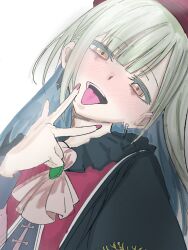 Rule 34 | 1girl, ascot, bags under eyes, bang dream!, bang dream! it&#039;s mygo!!!!!, beret, black capelet, blunt bangs, capelet, close-up, earrings, gem, green brooch, green gemstone, green hair, grin, hat, head tilt, highres, jewelry, long hair, mortis (bang dream!), mortis (costume) (bang dream!), mortis (persona) (bang dream!), red hat, red nails, red shirt, red vest, shirt, sidelocks, simple background, smile, solo, tongue, tongue out, v, vest, wakaba mutsumi, white ascot, white background, wtsino, yellow eyes