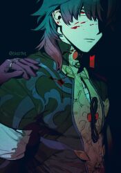 1boy 1girl absurdres black_background blade_(honkai:_star_rail) blood blood_on_clothes blood_on_face earrings gradient_hair hair_over_one_eye hand_on_another&#039;s_shoulder highres honkai:_star_rail honkai_(series) jewelry kafka_(honkai:_star_rail) looking_at_viewer male_focus multicolored_hair red_eyes short_hair snsstk1 solo_focus