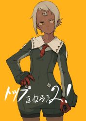Rule 34 | 1girl, arm at side, copyright name, dark-skinned female, dark skin, facing viewer, flat chest, freckles, gaolingmaoyi guarien, gloves, hand on own hip, lal&#039;c mellk mal, long sleeves, red neckwear, short hair, simple background, solo, standing, top wo nerae! (series), top wo nerae 2!, white hair, yellow background, yellow eyes