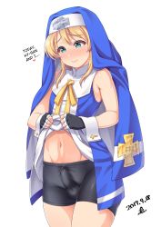 1boy bare_arms bare_shoulders bike_shorts black_gloves blonde_hair blue_eyes bridget_(guilty_gear) bulge closed_mouth clothes_lift cowboy_shot cross dated erection erection_under_clothes gloves guilty_gear habit hard-translated heart highres lifting_own_clothes looking_down male_focus mars_symbol navel raised_eyebrows ribbon shota signature simple_background sleeveless smile solo standing tareme third-party_edit translated trap venus_symbol white_background wrist_cuffs yellow_ribbon yoohi