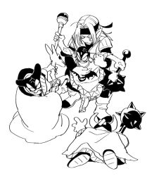 Rule 34 | 1other, 3boys, aged down, anger vein, asymmetrical dual wielding, commentary request, dragon lord, dragon quest, dragon quest i, dragon quest ii, dragon quest monsters 3, dual wielding, fighting, fins, hairband, hargon, hdw91v, head fins, holding, holding mace, holding staff, holding weapon, horns, kicking, long hair, mace, male focus, monochrome, monster, multiple boys, pisaro, pointing, pointy ears, restrained, robe, sandals, sharp teeth, sketch, spiked mace, spikes, staff, teeth, weapon, widow&#039;s peak, wrecktor