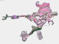 Rule 34 | 1girl, absurdres, black pants, butt crack, commentary request, e-liter 4k (splatoon), full body, gun, hat, heart, heart-shaped pupils, highres, holding, holding gun, holding weapon, korean commentary, nintendo, octoling, octoling girl, octoling player character, pants, pink hair, pink hat, pink shirt, pink shoes, rifle, shirt, shoes, simple background, sniper rifle, socks, solo, splatoon (series), splatoon 3, symbol-shaped pupils, tentacle hair, uuurung, visor cap, weapon, white background, white socks, wide-eyed