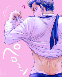 1boy ace_of_diamond clothes_lift kuramochi_youichi looking_at_viewer male_focus necktie shirt_lift solo undressing