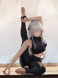 1girl absurdres ak-12_(girls&#039;_frontline) arm_behind_head arm_support barefoot black_pants breasts closed_eyes closed_mouth commentary crop_top english_commentary feet full_body girls&#039;_frontline highres holding_own_leg leg_up light_smile long_hair midriff pants sidelocks sitting soles solo stirrup_legwear textless_version toeless_legwear toes white_hair wo_lai_diaoguo_yu yoga yoga_pants