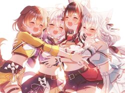 Rule 34 | 4girls, ^ ^, ahoge, animal ear fluff, animal ears, backlighting, black hair, black shorts, black skirt, blue overskirt, blue shirt, blush, bracelet, braid, brown hair, cat ears, cat girl, closed eyes, cowboy shot, crop top, crossed bangs, detached sleeves, dog ears, dog girl, fox ears, fox girl, group hug, hair ribbon, highres, hololive, hololive gamers, hololive idol uniform (color rise), hug, idol clothes, inugami korone, jewelry, long hair, medium hair, midriff, multicolored hair, multiple girls, nekomata okayu, official alternate costume, ookami mio, overskirt, purple hair, red overskirt, red shirt, red streaks, ribbon, shirakami fubuki, shirt, shorts, side braid, simple background, skirt, smile, streaked hair, violet viora, virtual youtuber, white background, white hair, wolf ears, wolf girl, yellow overskirt