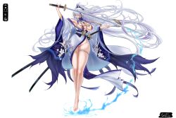 1girl absurdly_long_hair absurdres areola_slip azur_lane bare_shoulders barefoot breasts covered_erect_nipples female_pubic_hair full_body gravity_(disasuer) hair_over_one_eye highres holding holding_sword holding_weapon japanese_clothes kimono large_breasts long_hair long_sleeves looking_at_viewer pubic_hair purple_streaks simple_background skindentation solo sword unzen_(azur_lane) very_long_hair weapon white_background white_hair white_kimono wide_sleeves
