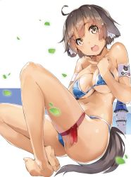 10s 1girl ahoge animal_ears armband bad_feet bare_shoulders barefoot bikini blue_bikini breasts brown_eyes brown_hair cleavage collarbone elbia_hernaiman feet female_focus hands_on_breasts highres large_breasts looking_at_viewer navel open_mouth outbreak_company short_hair sitting solo swimsuit tail tower underboob yuugen