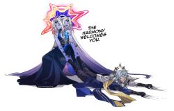 Rule 34 | 1boy, 1other, artist name, bare shoulders, black footwear, black gloves, black pants, blue dress, blue jacket, boots, cioccolatodorima, circlet, closed eyes, closed mouth, colored skin, commentary, dress, earrings, english commentary, english text, feathered wings, full body, gloves, gold earrings, gradient hair, grey hair, hair between eyes, halo, halo behind head, head wings, honkai: star rail, honkai (series), jacket, jewelry, jigsaw puzzle, leg grab, long hair, long sleeves, multicolored hair, multicolored jacket, open mouth, pants, purple hair, purple skin, puzzle, ring, screaming, shadow, short hair, sidelocks, simple background, sleeveless, sleeveless dress, smile, space print, starry sky print, sunday (honkai: star rail), two-tone jacket, white background, white hair, white jacket, wings, xipe (honkai: star rail)