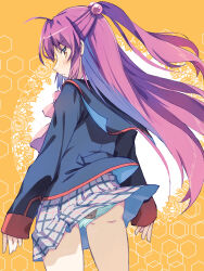 Rule 34 | 1girl, ahoge, akayama yukihe, animal print, ass, back-print panties, bear print, blush, bow, brown eyes, clothes lift, cowboy shot, from behind, futaki kanata, green panties, grey skirt, hair bobbles, hair ornament, half updo, highres, jacket, little busters!, little busters! school uniform, long hair, looking back, miniskirt, orange background, panties, pantyshot, pink bow, plaid clothes, plaid skirt, pleated skirt, ponytail, print panties, profile, purple hair, school uniform, side ponytail, skirt, skirt lift, solo, standing, underwear, wind, wind lift, yellow eyes