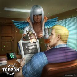 blonde_hair blue_eyes bob_cut breasts capcom chair character_request cleavage clock cody_travers company_connection crossover dark-skinned_female dark_skin desk devil_may_cry devil_may_cry_(series) devil_may_cry_4 digital_clock door final_fight giant giant_monster gloria_(devil_may_cry) gloves glowing glowing_eyes hand_on_chin highres kuroiwa_enu leaning long_hair medium_breasts monster monster_hunter_(series) monster_hunter_2 monster_hunter_wilds multiple_crossover nu_udra octopus office photo_(object) rajang red_eyes short_hair sitting street_fighter street_fighter_v street_fighter_v:_arcade_edition tentacles teppen trish_(devil_may_cry) watch white_hair wristwatch