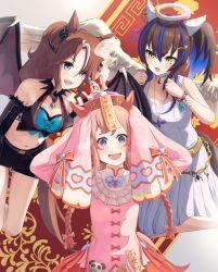 Rule 34 | 3girls, @ @, absurdres, agnes digital (lovely jiangshi) (umamusume), agnes digital (umamusume), animal ears, bat necklace, belly chain, belt, black belt, black gloves, black hair, black horns, black shorts, blue eyes, blue hair, bracelet, braid, breasts, chinese clothes, choker, cleavage, cleavage cutout, clenched hands, clothing cutout, commentary, crescent choker, daitaku helios (sunshine angel) (umamusume), daitaku helios (umamusume), demon horns, dress, ear covers, ear ornament, elbow gloves, english text, facial mark, fake halo, fangs, fingernails, frown, ghost ornament, giving up the ghost, gloves, hair ornament, hair ribbon, hairclip, halloween, halloween costume, halo, halterneck, hands on own head, hat, head steam, high collar, highres, horns, horse ears, horse girl, jewelry, jiangshi costume, kimura komekami, kneeling, leaning forward, long hair, long sleeves, medium dress, medium hair, mejiro palmer (devil in the moonlight) (umamusume), mejiro palmer (umamusume), midriff, multicolored hair, multiple girls, nail polish, navel, official alternate costume, ofuda, one side up, open mouth, pink dress, pink hair, pink ribbon, ponytail, qingdai guanmao, red headwear, ribbon, sharp fingernails, short shorts, shorts, single glove, sleeves past fingers, sleeves past wrists, smile, spaghetti strap, spider ornament, star (symbol), star hair ornament, streaked hair, twin braids, twintails, umamusume, white choker, white dress, white hair, yellow eyes