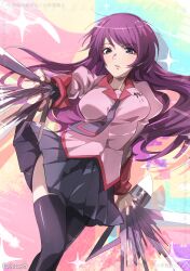 Rule 34 | 1girl, artist name, bakemonogatari, black thighhighs, blue eyes, blush, breasts, collared shirt, dated, dutch angle, eyelashes, feet out of frame, floating hair, highres, holding, impossible clothes, impossible shirt, juliet sleeves, large breasts, long hair, long sleeves, looking at viewer, miniskirt, monogatari (series), naoetsu high school uniform, necktie, outstretched arm, parted lips, pleated skirt, puchikun, puffy sleeves, purple hair, purple necktie, purple skirt, school uniform, senjougahara hitagi, shirt, signature, skirt, solo, thighhighs, very long hair, watermark
