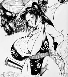 1girl breasts fatal_fury hand_fan japanese_clothes kimono large_breasts loincloth long_hair ponytail shiranui_mai shiwasu11 sketch snk the_king_of_fighters thick_thighs thighs traditional_media