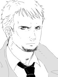 1boy beard cing closed_mouth collared_shirt facial_hair greyscale hotel_dusk kyle_hyde looking_at_viewer male_focus monochrome necktie portrait shirt simple_background smile solo thick_thighs thighs upper_body white_background wing_collar