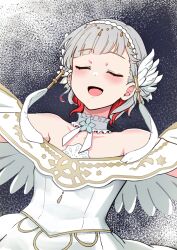 Rule 34 | 1girl, :d, absurdres, angel, angel wings, bare shoulders, closed eyes, collarbone, colored inner hair, commentary, diagonal bangs, dress, erobear, ether aria (love live!), facing viewer, grey hair, highres, link! like! love live!, love live!, multicolored hair, off-shoulder dress, off shoulder, official alternate costume, open mouth, short hair, smile, solo, symbol-only commentary, upper body, virtual youtuber, white dress, white wings, wings, yugiri tsuzuri