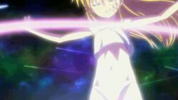 1girl animated animated_gif blonde_hair bra closed_eyes energy hair_down henshin loli long_hair lyrical_nanoha mahou_shoujo_lyrical_nanoha_vivid official_art open_mouth outstretched_arms panties smile solo striped_clothes striped_panties training_bra transformation underwear unworn_clothes vivio