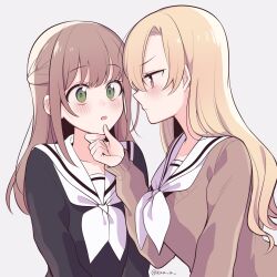 2girls black_serafuku blonde_hair blush brown_hair brown_sweater closed_mouth green_eyes half-closed_eyes hand_on_another&#039;s_chin highres hiyama_yurina kimura_honoka kuu_(abc823) long_hair long_sleeves looking_at_another multiple_girls neckerchief parted_lips pink_eyes school_uniform serafuku serious shoujo_manga_shujinkou_x_rival-san surprised sweater twitter_username white_background white_neckerchief yuri