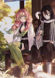 1boy 1girl animal animal_around_neck architecture bandages belt belt_buckle blue_eyes braid breasts buckle buttons calico cat chinese_commentary cleavage commentary_request couple cup dango demon_slayer_uniform dokex_xx east_asian_architecture food gradient_hair green_eyes green_hair green_thighhighs hair_between_eyes haori heterochromia highres iguro_obanai japanese_clothes kaburamaru kanroji_mitsuri kimetsu_no_yaiba large_breasts long_hair long_sleeves looking_at_viewer multicolored_hair pink_hair sandals sanshoku_dango sitting smile snake teacup thighhighs twin_braids veranda wagashi white_belt white_snake wide_sleeves yellow_eyes