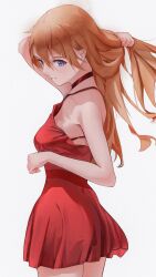 1girl arm_up bare_arms bare_shoulders blue_eyes breasts choker clenched_hand closed_mouth collarbone dress highres holding holding_own_hair invisibleyezi light_smile long_hair looking_at_viewer neon_genesis_evangelion orange_hair red_choker red_dress short_dress simple_background solo souryuu_asuka_langley spaghetti_strap very_long_hair white_background